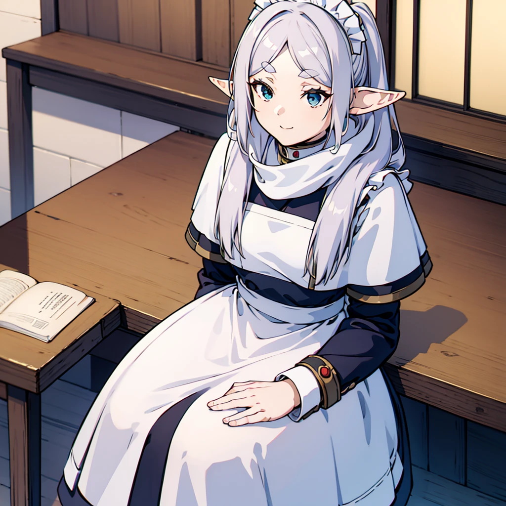 (Highest quality, On the table),セクシーなMaid， Teenage Girl，Browsing Caution, One Girl, Green Eyes , smile, Hourglass Shape, Grey long hair，Maid服，Dual Horsetail, Elf Ears、Inside the room、Great tit、黒背景はHighest qualityです, masterpiece, One slim girl, (alone:1.1), Raytracing, Super detailed,Detailed face, 8k wallpaper, Wide Hips, Takashi Furi NDV, One slim girl, Gray Hair, Dual Horsetail, blue eyes, Medium chest, 長いGray Hair, Pointed Ears, Maid, Parted bangs, White shawl, White Dress, band, Long sleeves,  External, Sit, Hooded, scarf, Yuki, Winters，厳粛なMaid服，lie，Sitting，Throne