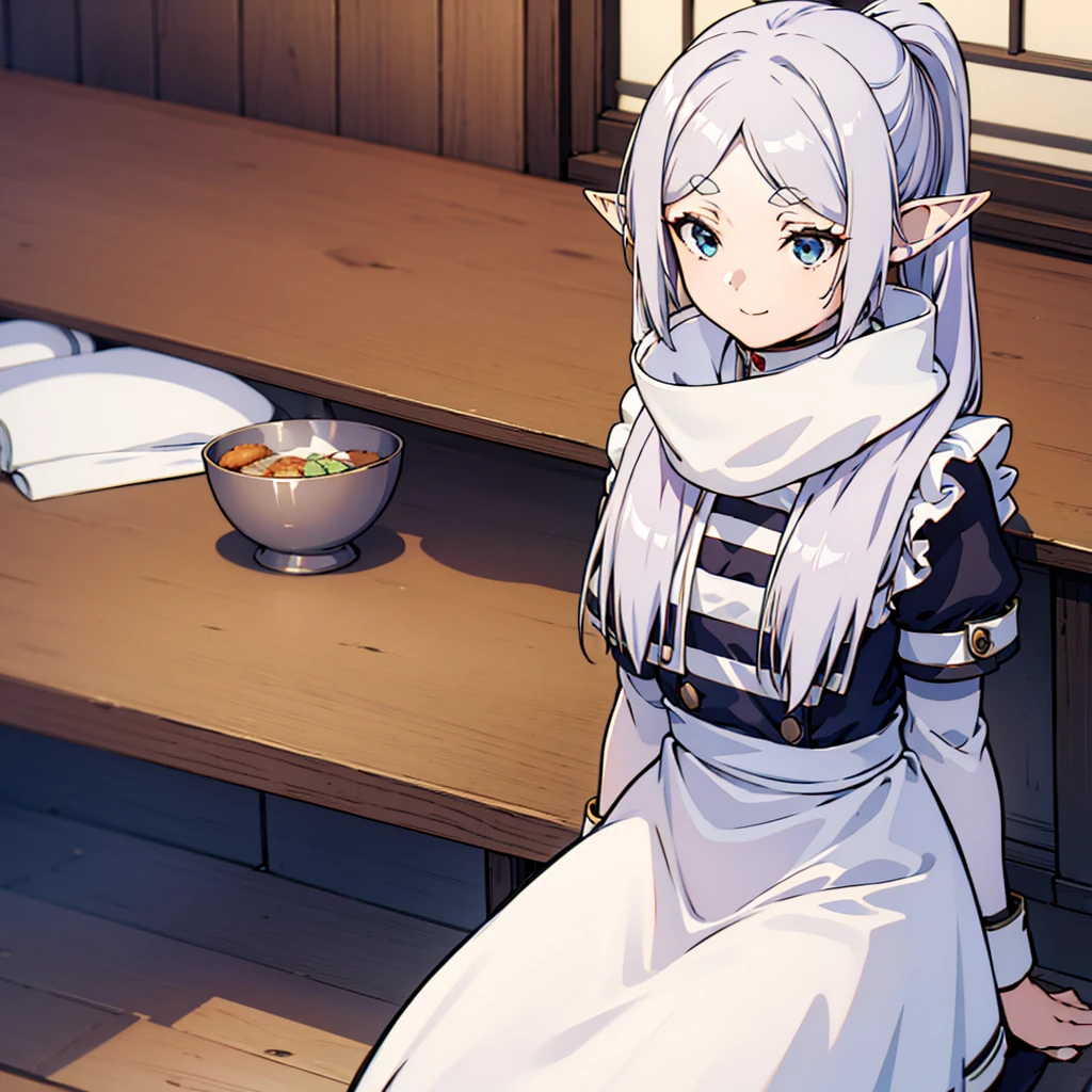 (Highest quality, On the table),セクシーなMaid， Teenage Girl，Browsing Caution, One Girl, Green Eyes , smile, Hourglass Shape, Grey long hair，Maid服，Dual Horsetail, Elf Ears、Inside the room、Great tit、黒背景はHighest qualityです, masterpiece, One slim girl, (alone:1.1), Raytracing, Super detailed,Detailed face, 8k wallpaper, Wide Hips, Takashi Furi NDV, One slim girl, Gray Hair, Dual Horsetail, blue eyes, Medium chest, 長いGray Hair, Pointed Ears, Maid, Parted bangs, White shawl, White Dress, band, Long sleeves,  External, Sit, Hooded, scarf, Yuki, Winters，厳粛なMaid服，lie，Sitting，Throne