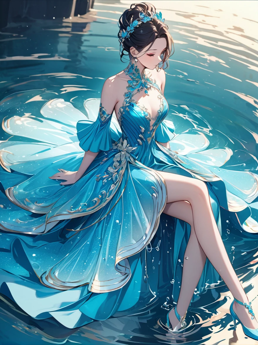A girl,Wearing a gorgeous outfit made of water,Exquisite dress,Elegant water dress,Gorgeous and elegant,Luxurious clothing,Inspired by Hedi Xandt's design style。Her attire includes intricate clothing、ornate royal robes、Fine clothing and robes,and dresses with delicate and elegant details。She stepped on high heels,Dressed in royal style。Her hands have finely detailed finger drawings。The fire burned in her body,Also dancing on the skirt,The fire element gave her a winged form。Covered with transparent fabric。It's a masterpiece, The highest quality artistic presentation:1.2),(8K resolution high-definition RAW photos, a realistic style, Photorealistic:1.3),(Skin texture is extremely detailed, The fabric texture is exquisite, Realistic flame effects, Beautiful and delicate face:1.25),Professional lighting arrangement、Photon Mapping Technology、Soft and beautiful light processing、Radiometric calculation method、High-end shooting techniques such as physically based realistic rendering and ray tracing technology are used in it;Model-like shooting style, (Extremely fine CG unified 8K wallpaper),Full-length photo shows one of the most beautiful works of art in the world