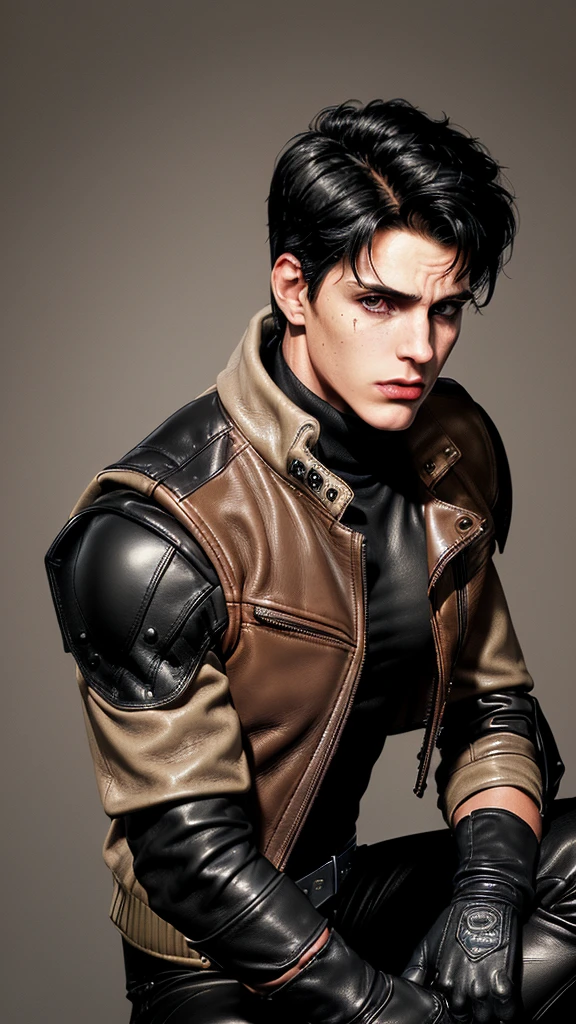 ((American comic hero)),,((jason todd)),((young cute and cool ikemen  boy)),((black hair)),((very cool guy)), ((face is no paint and no mask)),,his age is early 20s, thin eyebrows and beady eyes, ((he is wearing beige color thick leather jacket)),((jacket is single-brest and no hood)),((leather jacket is long sleeve)),((jacket sleeves color is beige too)), ((jacket color is beige only,no other colors)),((inner wear is black color and thick turtleneck tactical vest)),((chest area on a red color bat illustration)), ((tight dark gray color leather pants)),((put on black color and full finger tactical combat leather glove on both hands)),,((black color middle length leather boots)),((Japanese style character)),((must put on a leather glove))