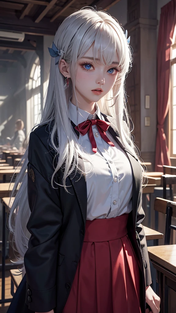 Volumetric Lighting, (masterpiece), (best quality), (ultra-detailed), masterpiece, source_anime, illustration, disheveled hair, detailed eyes, perfect composition, moist skin, intricate details BREAK, light depth, dramatic atmospheric lighting, Volumetric Lighting, Moegami, long hair, white hair, blue eyes BREAK, schoolorigami,ori hairclip, rzn blazer, rzn shirt, rzn skirt, rzn neck ribbon, red ribbon, BREAK, classroom