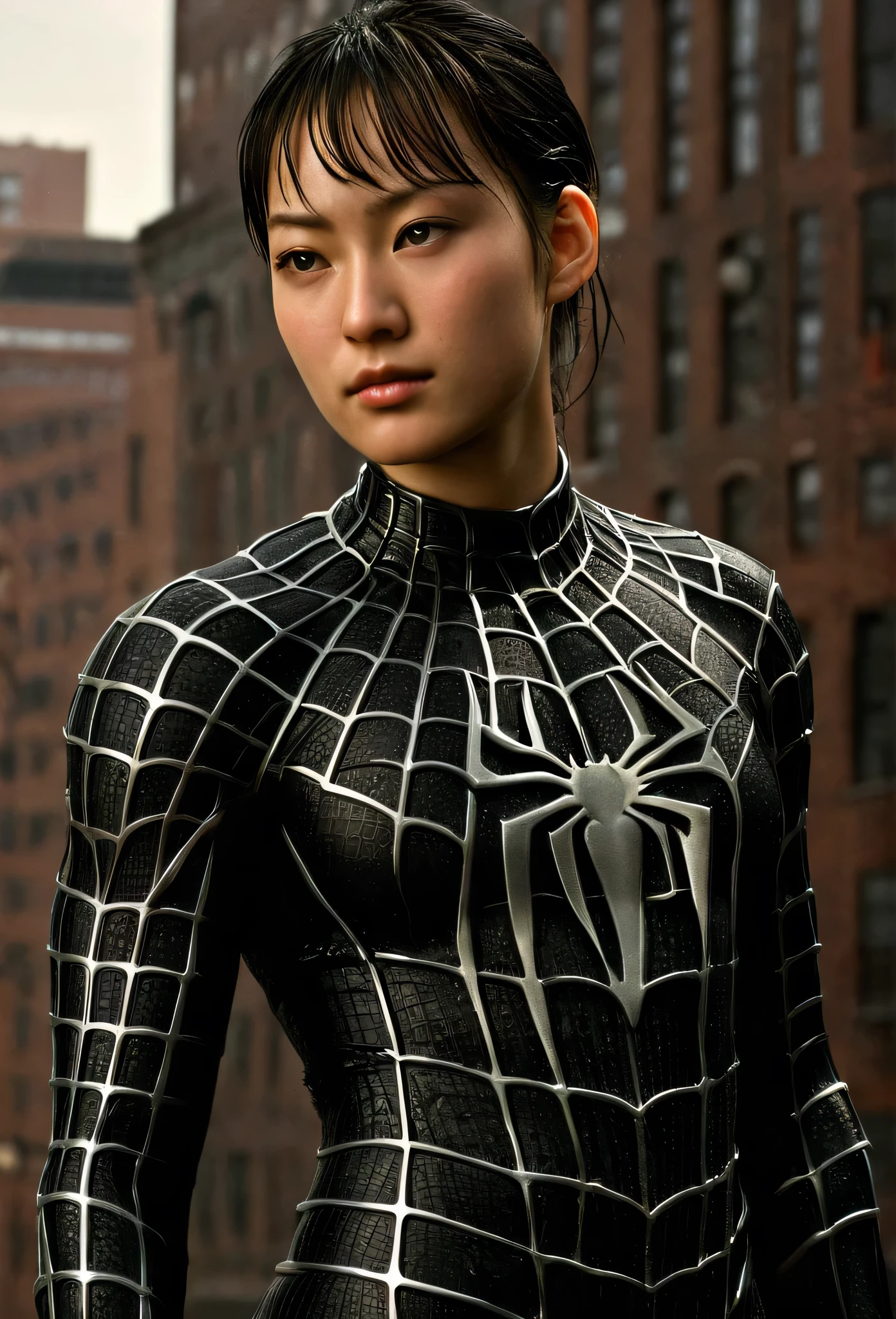 score_9, score_8_up, score_7_up, best quality, realistic, masterpiece, beautiful detail, hyperrealistic, afternoon sky, ((1girl, woman body, big breasts)), amazing detailed full body portrait of japanese girl, wearing a realistic and highly detailed black raimi spider-man suit, ((huge muscular girl)), professional model wears ultra - detailed black raimi spider - man suit, ultra - detailed and grained black raimi spiderman suit, suit covered entire body and hand, black spiderman gloves, wet, (spider pose), (full body), (dirty skin), close up, octane render, highly detailed, volumetric, dramatic lighting, (highest quality:1.1), (HDR:1.3), (top quality, best quality), realistic, high definition