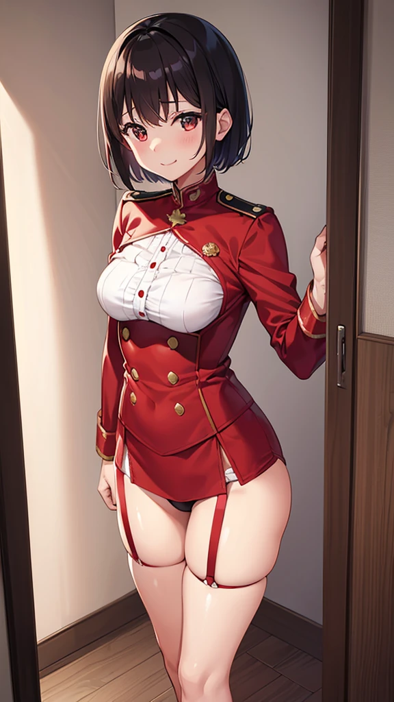 Chisato, 1 girl, hits, interior, short hair, smile, Alone, standing, pose sexy, medium chest, red uniform, garter straps, media, hands behind, lateral love roja, lyrcoris throwback uniform,