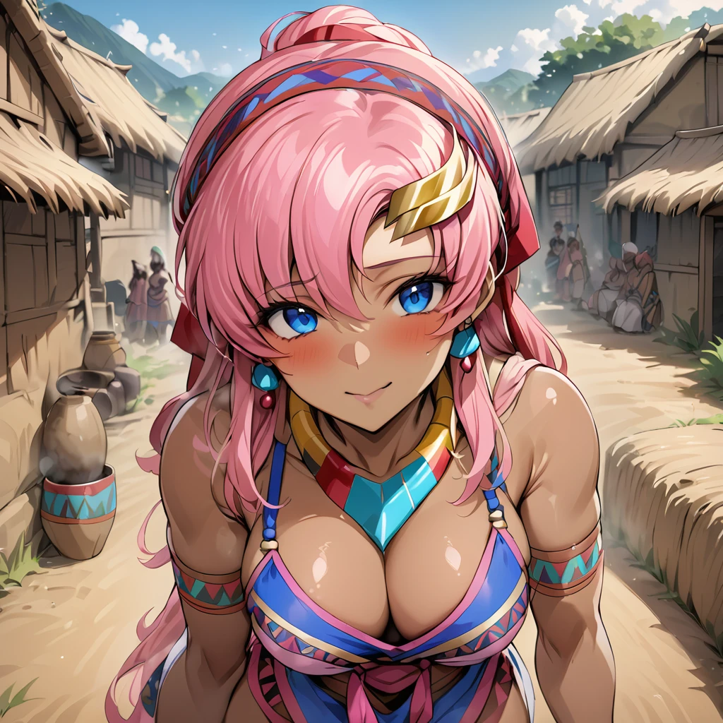 ((Highest quality)), ((masterpiece)), (detailed), （Perfect Face）、The woman is Lacus Clyne, a brown-skinned woman with blue eyes and medium-long pink hair, a hair ornament, a colorful headscarf, tribal accessories such as tribal necklaces and tribal earrings, and is an indigenous African woman wearing colorful indigenous tribal clothing.、The woman is in a native African tribal village.