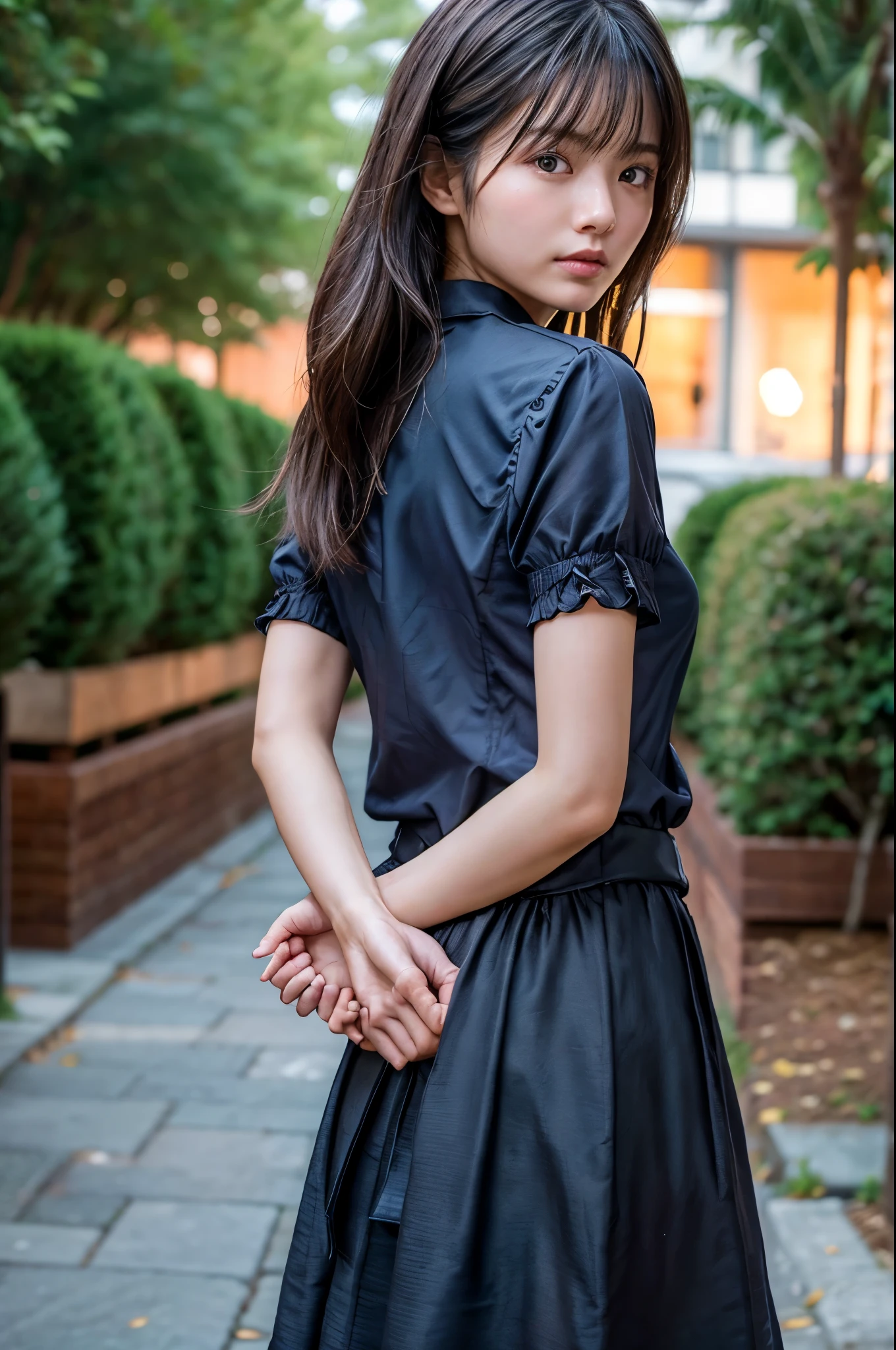 The woman has her hands tied、((Put your hands behind your back))、((Place your hands together and cross them behind your back))、((Her wrists are tied with rope))、Beauty、20age、university student、(anatomicaly, Has two arms and two hands)、Standing on a hill at night、There are a lot of trees、Beautiful night sky、There are many stars、A strong wind is blowing、Wearing a short-sleeved blouse、Wear a long skirt、Uniform eyes、Proportioned proportionedium build、Small breasts、Small face、(I can see from head to heel), Black Hair, bangs, swept bangs, Straight hair, Nervous, Messy Hair, Floating hair, Cinema Lighting, tachi-e, First-person view, throw, From behind, F/1.2, Nikon, Cowboy Shot, Surrealism, 超High resolution, Highest quality, High resolution, 8k, Textured skin, anatomicaly正しい体,