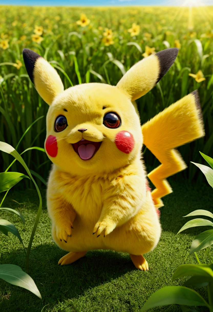 A cute Pikachu with bright yellow fur, Rosy red cheeks, And shining black eyes, Jumping playfully in a lush meadow. Pikachu with a mischievous smile, And that long, Pointy ears stand up high. The scene is filled with heat, Golden Sunshine, cast a soft shadow on the ground. the grass is swaying in the wind, Adding movement to your images. Pikachu's fur is soft and fluffy, Intricate detailing on tail and legs. A masterpiece with vibrant colors and attention to detail.. Photorealistic style, Sharp focus and vibrant colors bring Pikachu to life. The overall color is bright and cheerful., Highlighting Pikachu's vibrant yellow skin. Lighting is natural and soft, Create a warm and inviting atmosphere.