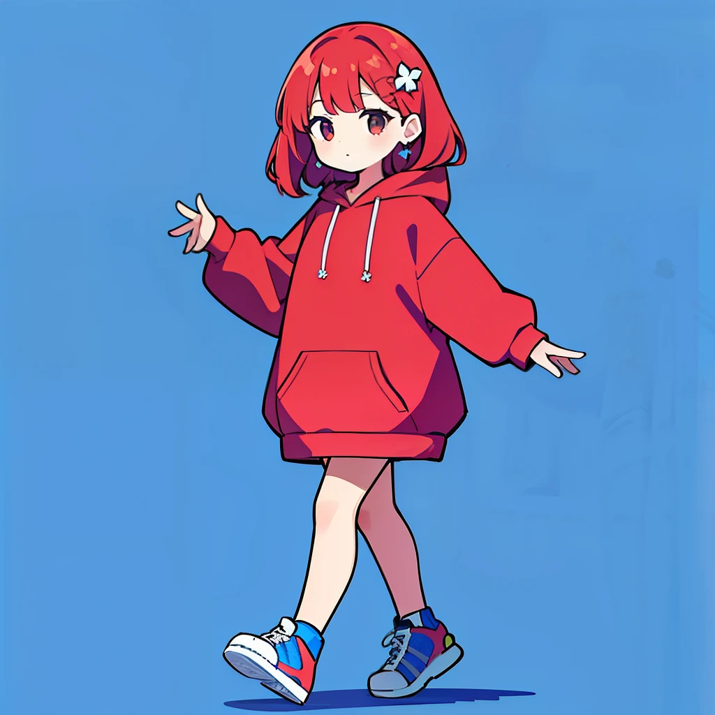 One Girl, Redhead, Medium Hair,cute,Earrings Flower Hair Ornaments, Dear Kurt, 8k resolution, 8K quality, Blue background, Brown eyes, Walking,Large hoodie,SD character,whole body,Down to the feet
