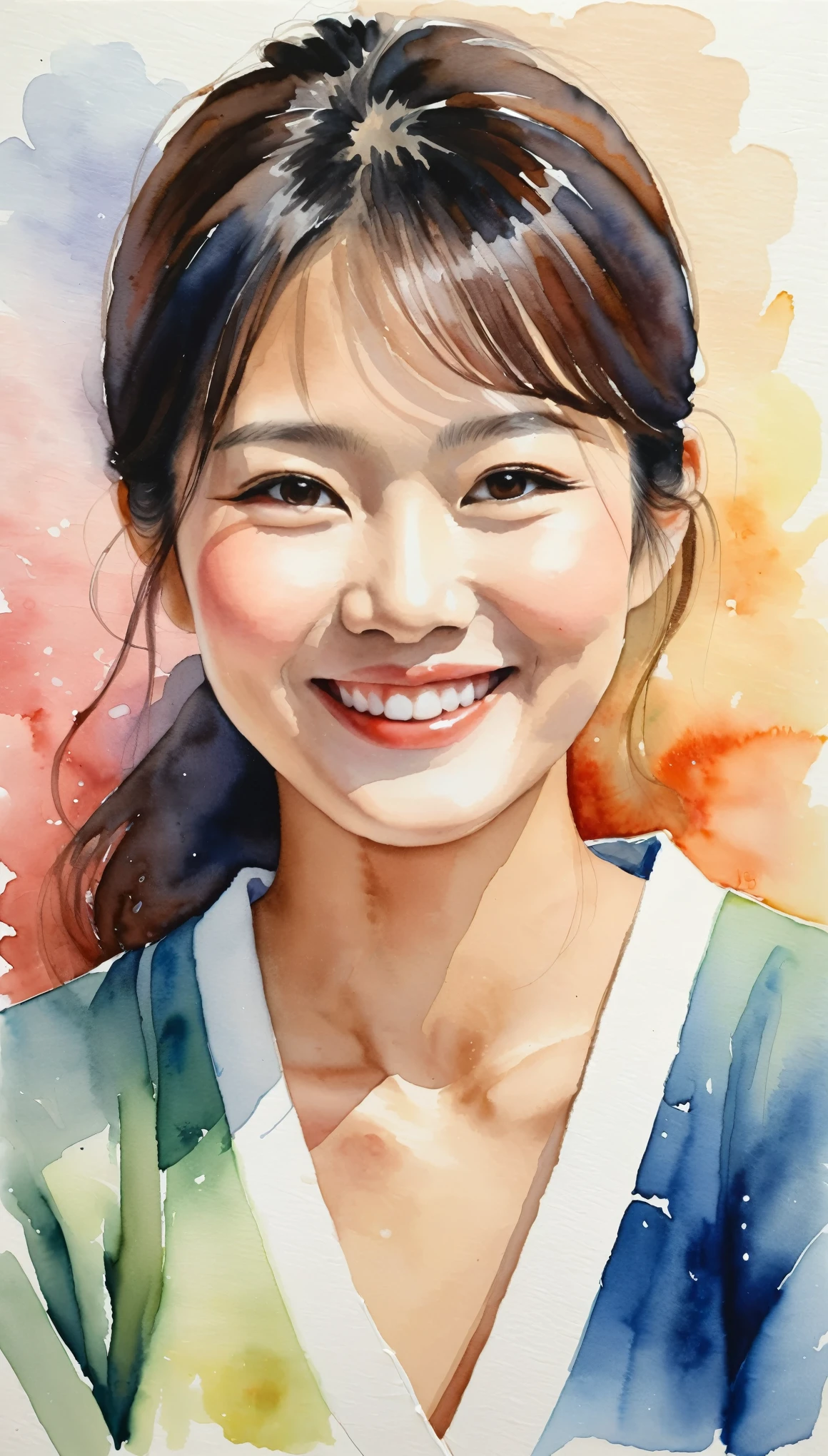 masterpiece,Acrylic watercolor painting of a smiling Japanese woman,(Beautiful gradation created by layering),(Tarashikomi technique),A delicate touch