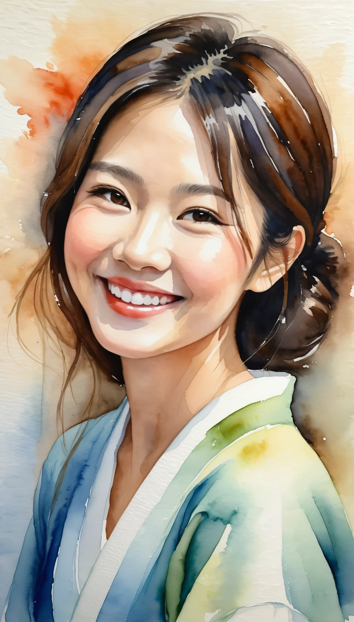 masterpiece,Acrylic watercolor painting of a smiling Japanese woman,(Beautiful gradation created by layering),(Tarashikomi technique),A delicate touch