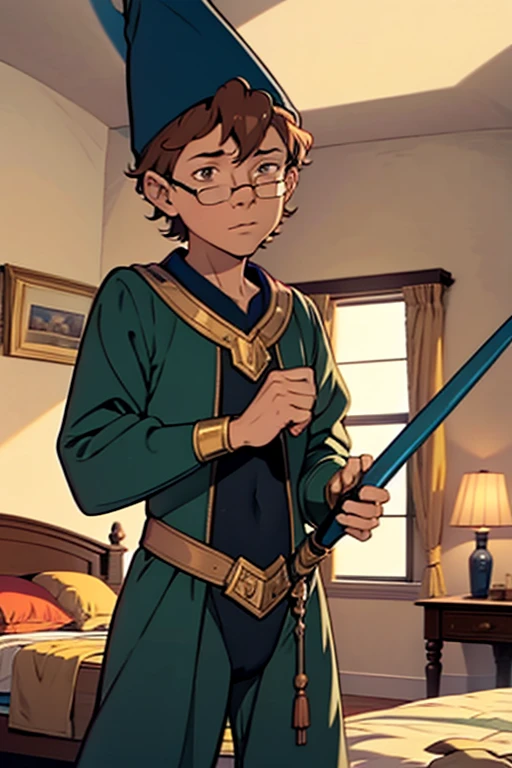 Boy, , leotard, ((Bedroom)), rapier in his hand, wearing a wizard hat and eyeglasses