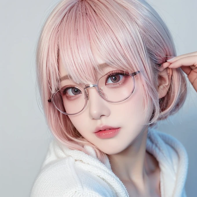Best quality, best resolution, white background, 1 girl, soft pink hair, curly bobcut, korean idol, cute round glasses, soft pink hoodie, small breasts