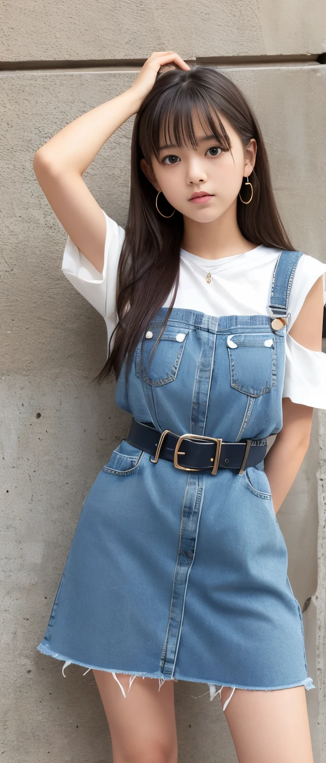 Cute Teen Idol Girl、whole body、Good style、、、、、、、、、、Thick legs、Distressed denim dress with large holes(Torn sleeve、Cool belt)、Cool girl face、