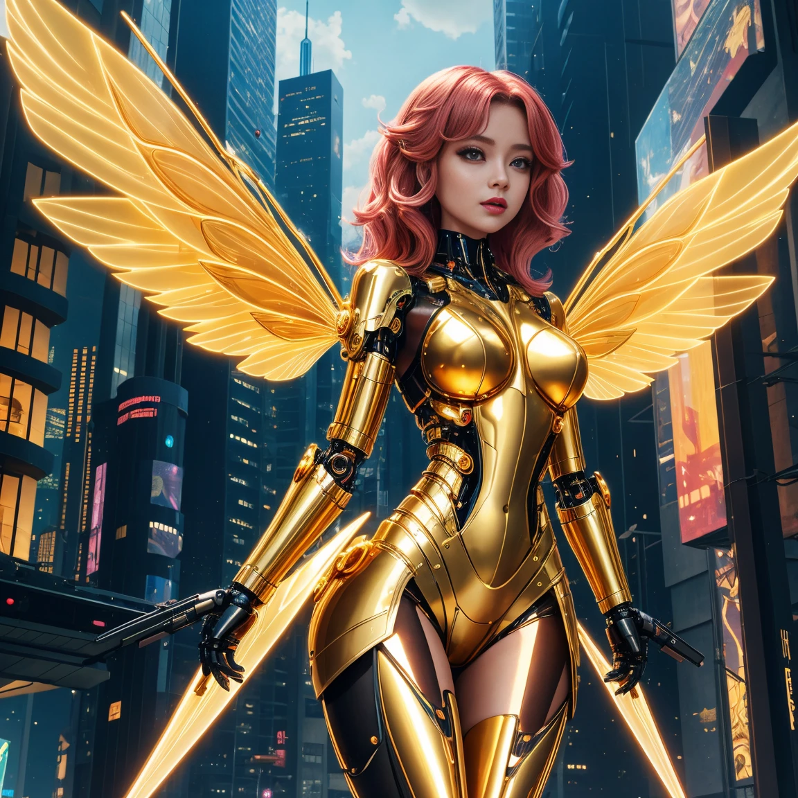a beautiful cyber fairy, medium hair, Body cute, golden shiny wings , wearing a futuristic cybernetic dress in a futuristic city