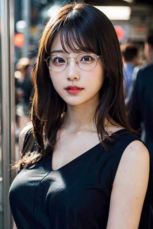 (8k、RAW Photos、Highest quality、masterpiece:1.2)、(?????? Realism、Photorealistic:1.37)、Super detailed、Ultra-high resolution、1 girl、Seeing the viewer、Beautifully detailed face、Laughter、shrink、(Narrow waist) :1.3)、Shortcuts、Beautifully detailed skin、Skin Texture、Floating Hair、Professional Lighting、Waiting for the train on the platform、Black-rimmed glasses 、Full Body Lesbian、Brown Hair、((Upper body naked)),Pointed nipples are visible