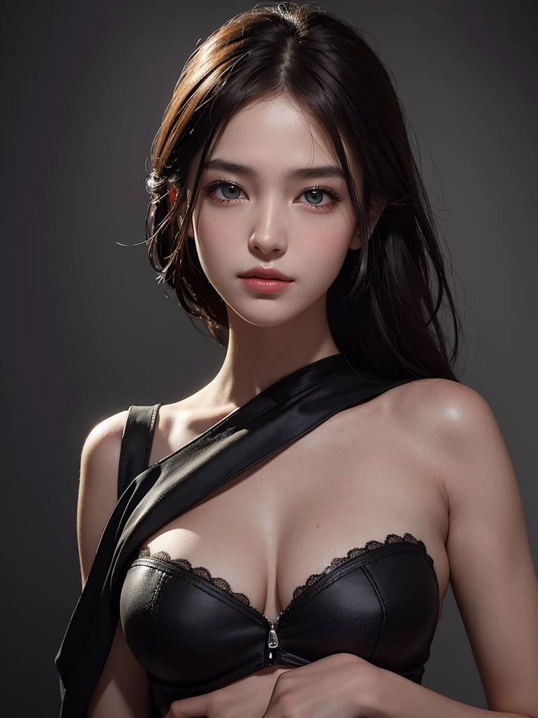 best qualityer, Masterpiece artwork, ultra-high resolution, (photorrealistic: 1,4), raw photo, 1 girl, very eye-catching, piercing and mysterious eyes, slight smile on your face, shoulder to shoulder, in dark, deep shadow, discreet tone, cool light