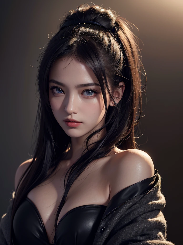 best qualityer, Masterpiece artwork, ultra-high resolution, (photorrealistic: 1,4), raw photo, 1 girl, very eye-catching, piercing and mysterious eyes, slight smile on your face, shoulder to shoulder, in dark, deep shadow, discreet tone, cool light