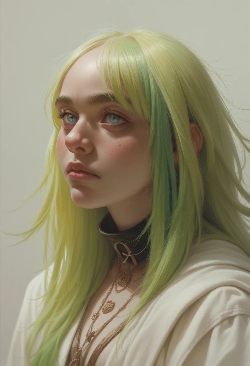 Billie Eilish's MILF, with medium chest, big fat thighs, naked in bed posing her ass on her back lying down.