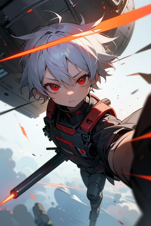 A boy around 7 years old with silver hair and red eyes, Shota, Cyborg, Shy face