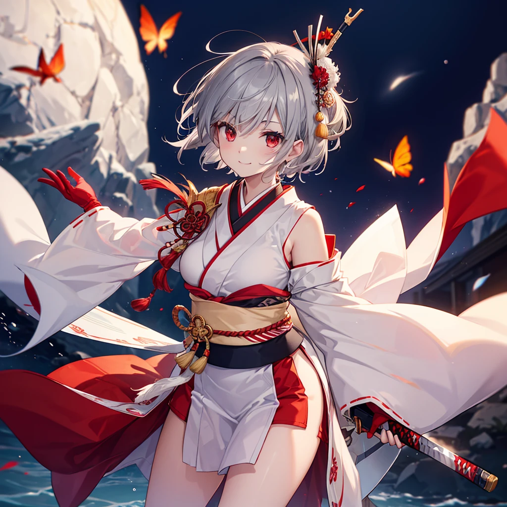 (((((1 person Gray Hair、short hair、Red Sideburns White and red clothes、shoulder))))) ((((High resolution Japanese sword、Shining blade Visible thighs)))) (((Black Belt warrior military commander、Close-up smile Red eyes))) ((Bright red butterfly night Japanese style、old Shining Aura garden、water surface full moon Catch the wind)) (Shining Background Shining Edges)