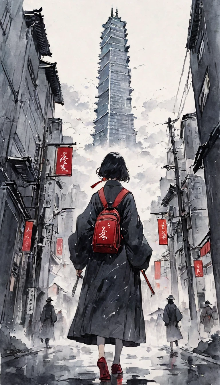 Katsushika Hokusai、vague、Mont、遠くに見えるskyscraper、Ink and watercolor、Light tones、calligraphy、Ink Painting Ink Painting Drawn with a brush cyber punk skyscraper Monochrome cloud Streetscape Characters written with a brush Red stamp in the corner