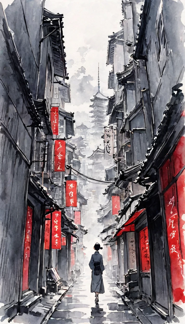 Katsushika Hokusai、vague、Mont、遠くに見えるskyscraper、Ink and watercolor、Light tones、calligraphy、Ink Painting　Ink Painting　Drawn with a brush　cyber punk　skyscraper　Monochrome　cloud　Streetscape　Characters written with a brush　Red stamp in the corner