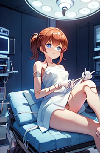 A Female mature robot loves herself. she wears nothing. Her Brown very short pigtails is tied with two big red clothespins, mature, android, Blue eyes, full body, Height: 160cm, flushed cheeks, sweat bucket. full body shot, looking straight. Her smile is complete.show White pantie, Looking at the audience, kissing to the audience. Leaning back Destroyed White of the eyes whole body Lying face up on a gynecological operating table she looks back with his eyes closed and his mouth wide open 2020s anime drawings A beautiful robot wearing green surgical gown(Half-naked)