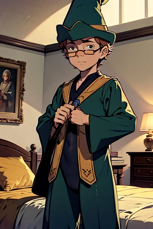 Boy, , leotard, ((Bedroom)), rapier in his hand, wearing a wizard hat and eyeglasses