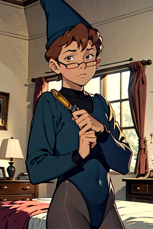 Boy, 13 years old, leotard, ((Bedroom)), rapier in his hand, wearing a wizard hat and eyeglasses