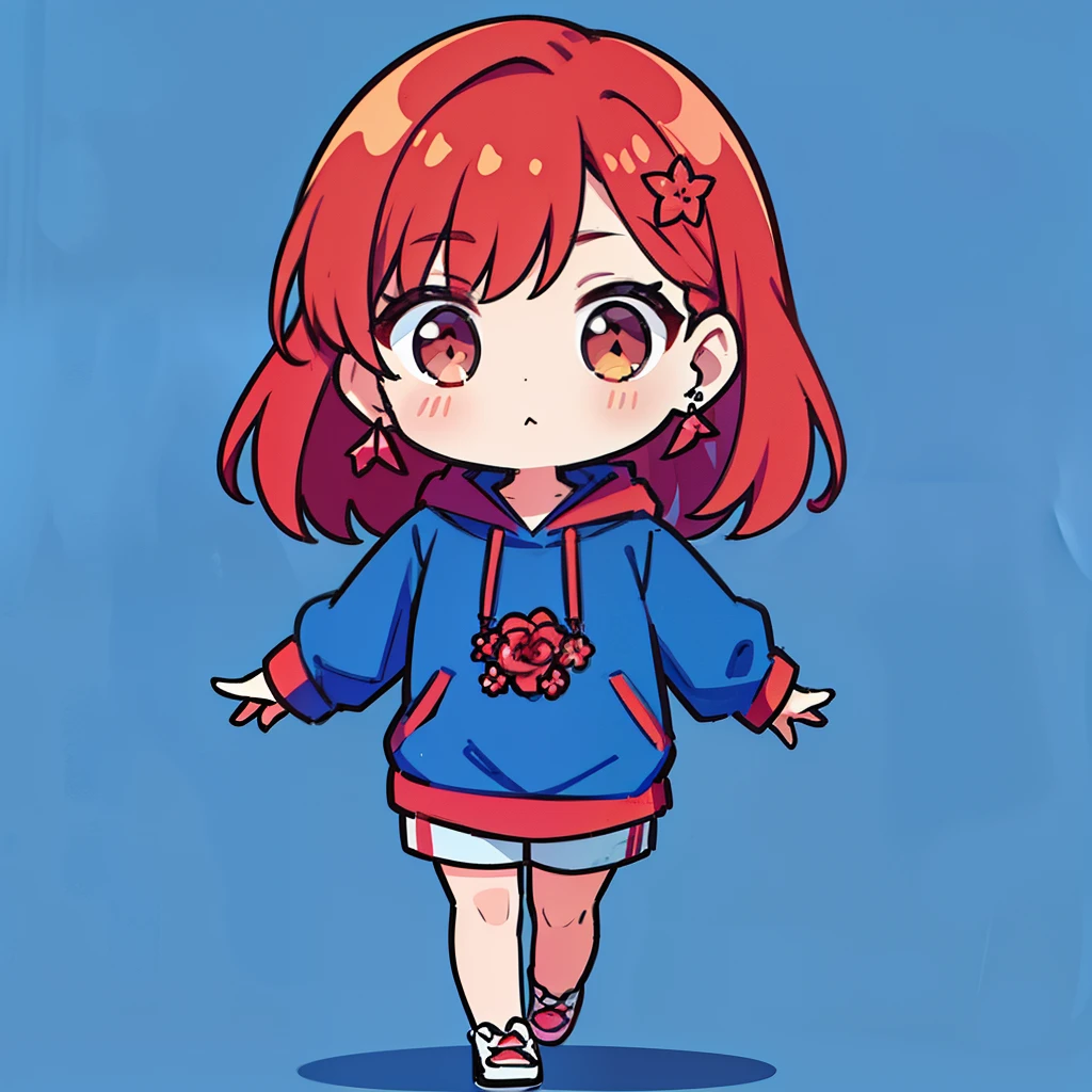 One Girl, Redhead, Medium Hair,cute,Earrings Flower Hair Ornaments, Dear Kurt, 8k resolution, 8K quality, Blue background, Brown eyes, Walking,Large hoodie,SD character,whole body,Down to the feet