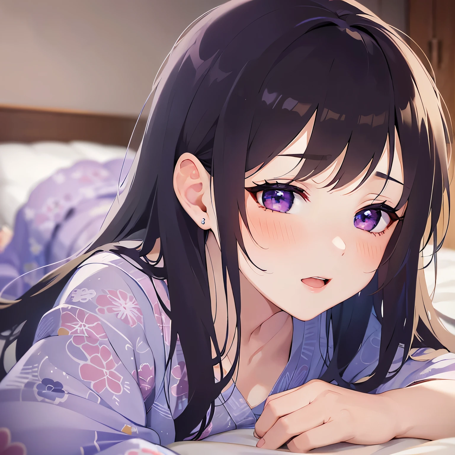 closed eyes: (narrowed eyes:1.3):11、(on stomach:1.5),lying down , 
, Realistic, real person, (pale skin: 1.2), RAW photo, photorealistic, shiny skin, shiny hair、 (A 25-year-old woman with straight hair and bangs) and (medium hair) and (black hair) and (purple eyes) , (purple) and (yukata)、、
(embarrassed,blush:1.3),open mouth,The background is a futon at night、（alone:1.5）