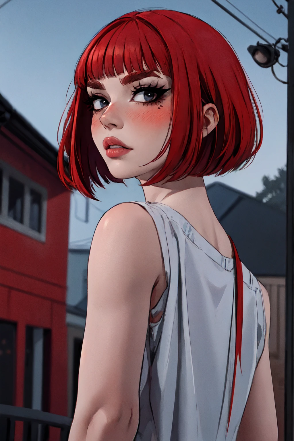 1woman, 35 years old, solo, skinny, red hair, black eyes, eyeliner, looking at viewer, lips, red bob cut, blunt bangs, blush, standing, upper body, face focus, outdoors, tec \(theme\), night, large breats, backwards, looking back