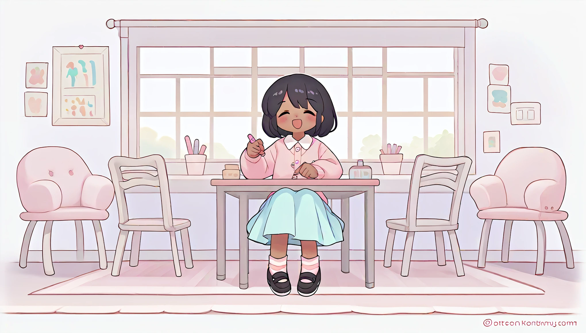 score_9, score_8_up, score_7_up, score_6_up, score_5_up, score_4_up, source_anime, rating_safe,

1girl , white background, pastel striped pink socks,sitting on chair,pastel blue long skirt,pastel pink cardigan with buttons and bow,short black hair,darkskin,black maryjane shoes,happy,sitting ln wodden chair,coloring,happy,pastel pink rug,holding crayon,coloring,crayons on table,window im background,morning,4k