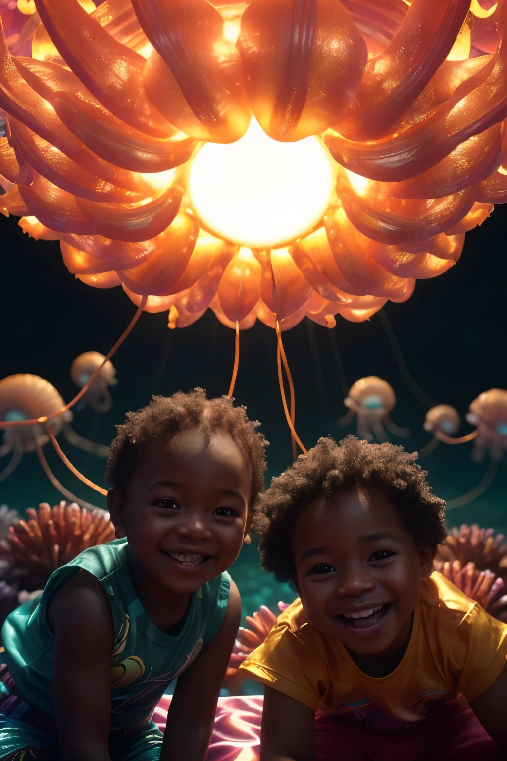 Close up shot of (((happy black babies, their smiles radiant as the sun, adorned in neon-lit bright and vibrant clothes, gracefully seated atop floating neon-lit giant jellyfishes))), (((a masterpiece of exquisite detail))) in an outer space setting, enveloped by beautiful and vibrant neon-lit coral reefs. The water ripples dance around the scene, while light pierces through, casting a beautiful and mesmerizing glow across the babies and the coral reefs. The scene is captured in ultra HD, with hyper-realistic images that transport the viewer into another world. The image is rendered using octane 3D