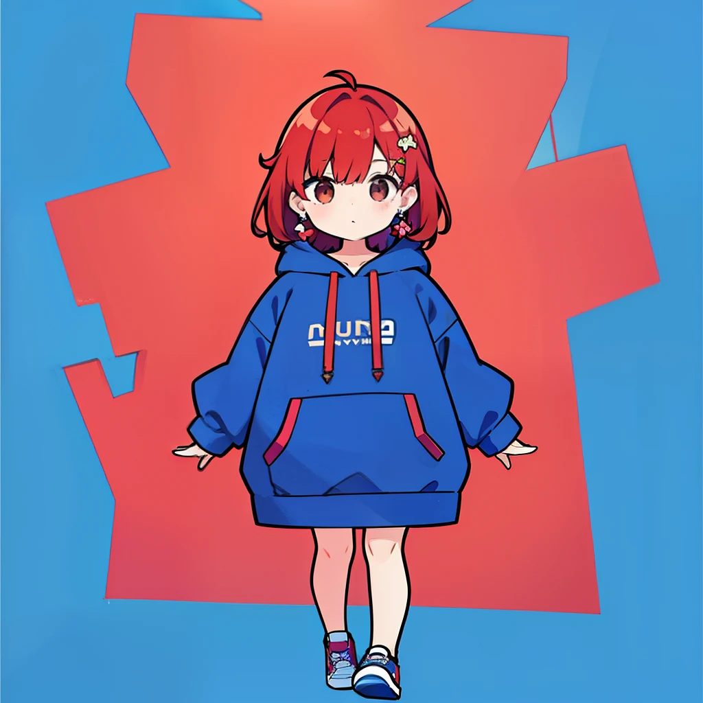 One Girl, Redhead, Medium Hair,cute,Earrings Flower Hair Ornaments, Dear Kurt, 8k resolution, 8K quality, Blue background, Brown eyes, Walking,Large hoodie,SD character,whole body,Down to the feet