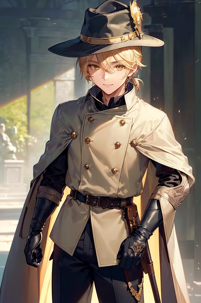 (((masterpiece; best quality: 1.2))), (finely detailed eyes: 1.3), (25 year old elf man), (solo), (yellow eyes: 1.4), (body; toned, fit, masculine: 1.3), (silky blonde hair in low ponytail: 1.3), (beautiful and clear background: 1.2), ((depth of field)), (equipment: adventurer garb + modest + elegant wide-brimmed hunter hat + overcoat + shirt + long cape + black pants + gloves + belt + pouches: 1.3), (anime illustration: 1.2), (background composition; royal garden: 1.1), (extremely fine and handsome: 1.1), (shot composition; standing + centered on torso + close-up: 1.5), (expression; calm, smile: 1.2)