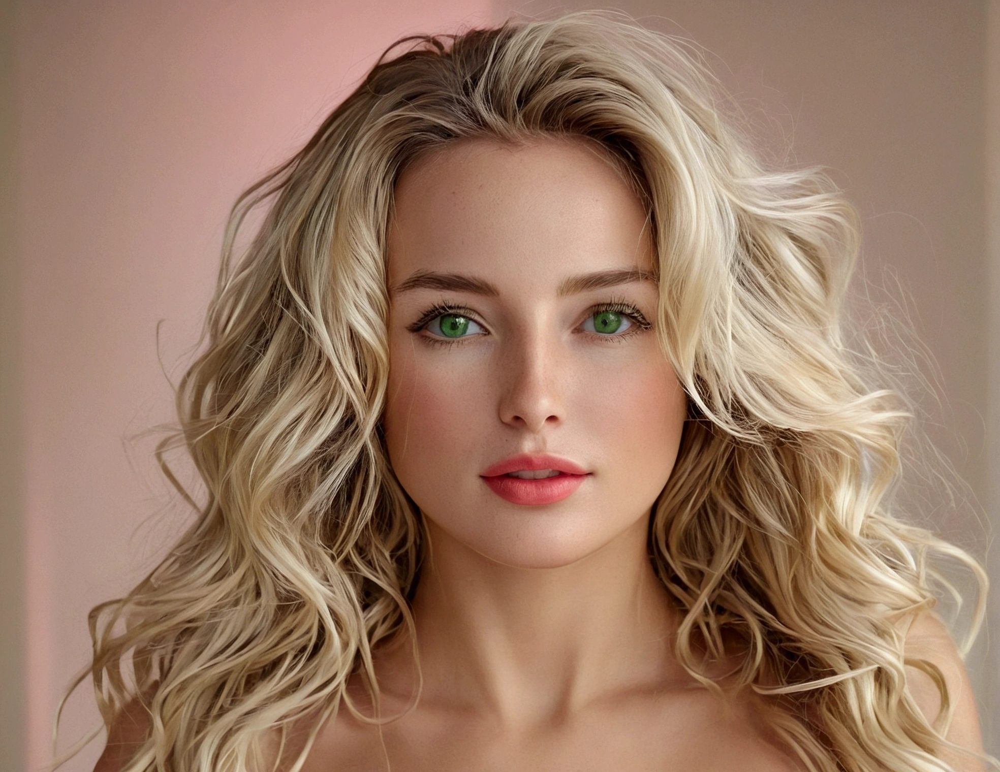 a russian woman with long wavy blonde hair, modelling a Victoria's Secret two-piece lingerie catwalk. She has a serene expression with green eyes, soft lips with a hint of red lipstick and fair, smooth skin with a hint of natural glow. The background is empty, high resolution camera, natural lighting, modern realism, party atmosphere, hd quality, natural look --ar 16:9 --v 6.0