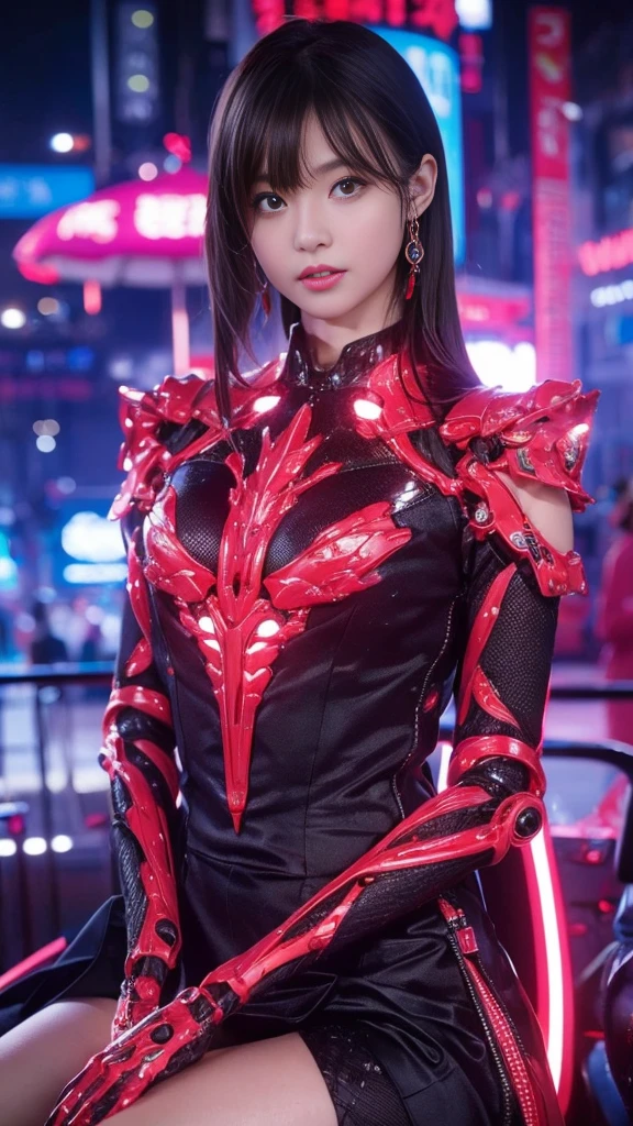 Highest quality, masterpiece, Ultra-high resolution, (Real: 1.4), Original photo, 1 girl, Black Hair, Glowing Skin, 1. Mechanical Girl, (超Real细节)), Portraiture, Global Illumination, Shadow, Octane Rendering, 8k,16K, Ultra Sharp, not a big deal, Bare skin is revealed through the cleavage, Metal, Intricate decorative details, More about Japan, Very intricate details, Real光线, CG Trends, Purple eyes, Glowing Eyes, Facecamea, Neon Details, Mechanical Limbs, Blood vessels connected to tubes, Mechanical vertebrae attached to the back, Mechanical fixation of the cervical spine, Sitting, Wires and cables connected to the head, Gundam, Small LED Light,
