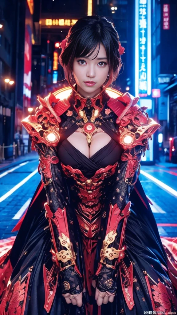 Highest quality, masterpiece, Ultra-high resolution, (Real: 1.4), Original photo, 1 girl, Black Hair, Glowing Skin, 1. Mechanical Girl, (超Real细节)), Portraiture, Global Illumination, Shadow, Octane Rendering, 8k,16K, Ultra Sharp, not a big deal, Bare skin is revealed through the cleavage, Metal, Intricate decorative details, More about Japan, Very intricate details, Real光线, CG Trends, Purple eyes, Glowing Eyes, Facecamea, Neon Details, Mechanical Limbs, Blood vessels connected to tubes, Mechanical vertebrae attached to the back, Mechanical fixation of the cervical spine, Sitting, Wires and cables connected to the head, Gundam, Small LED Light,