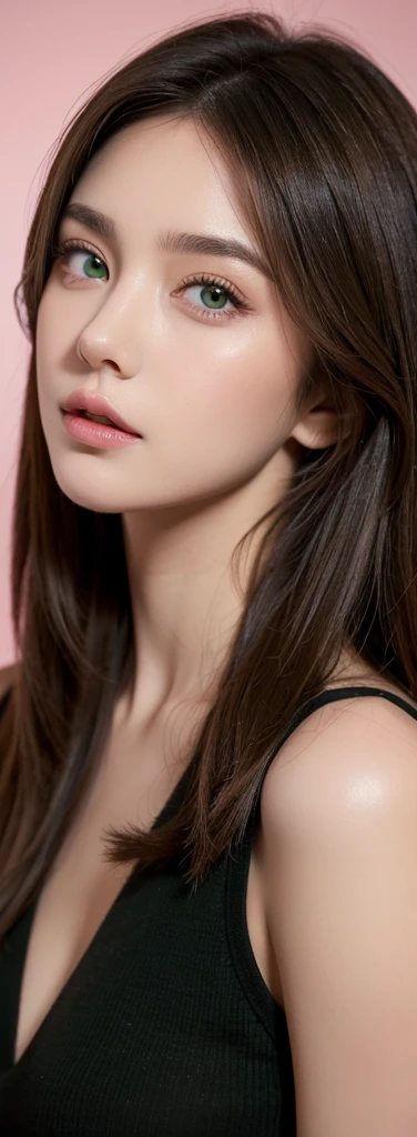 A beautiful young woman with intense green eyes , light brown hair , dark pink mouth , dressed in black everything