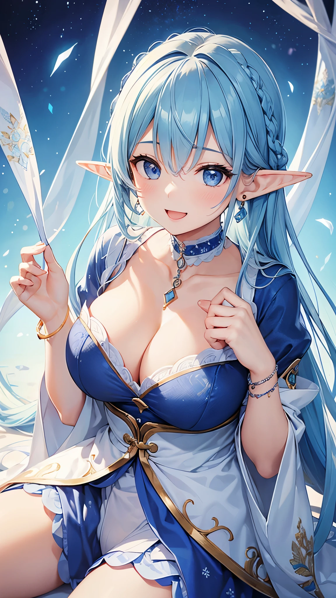 Highest quality、Highest quality、masterpiece、(8k resolution),beauty(Age 25)、(Mature Appearance)、Light blue long hair(Braiding of the sides)、blue eyes、(Blue underwear with detailed embroidery)、(Elf)、Big cleavage、((Very large breasts))、smile、blue necklace、Blue Earrings、background(ice)、Please open your mouth wide、bracelet、Dynamic pose、Blue choker、(Both ears are the same length)、(Putting ribbons on the hair)