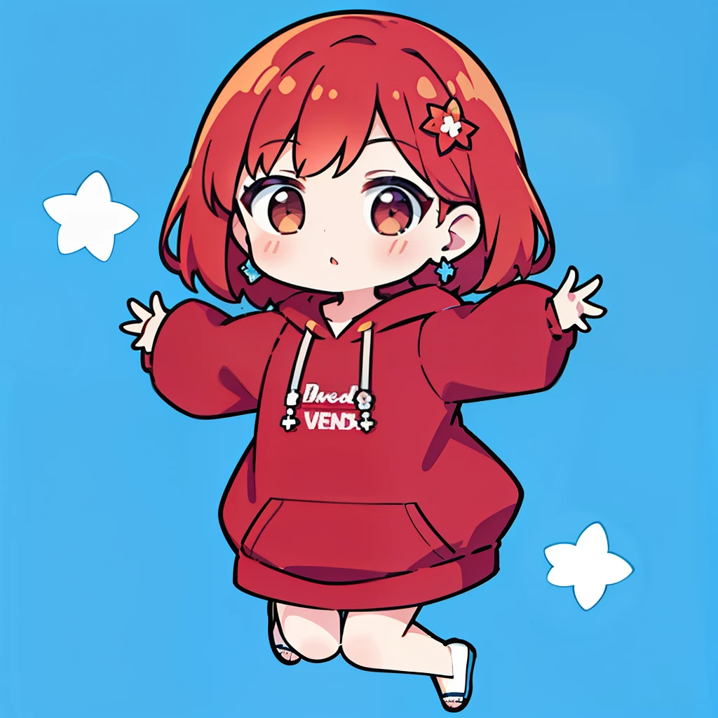 One Girl, Redhead, Medium Hair,cute,Earrings Flower Hair Ornaments, Dear Kurt, 8k resolution, 8K quality, Blue background, Brown eyes, Jumping,Large hoodie,SD character,whole body,Down to the feet