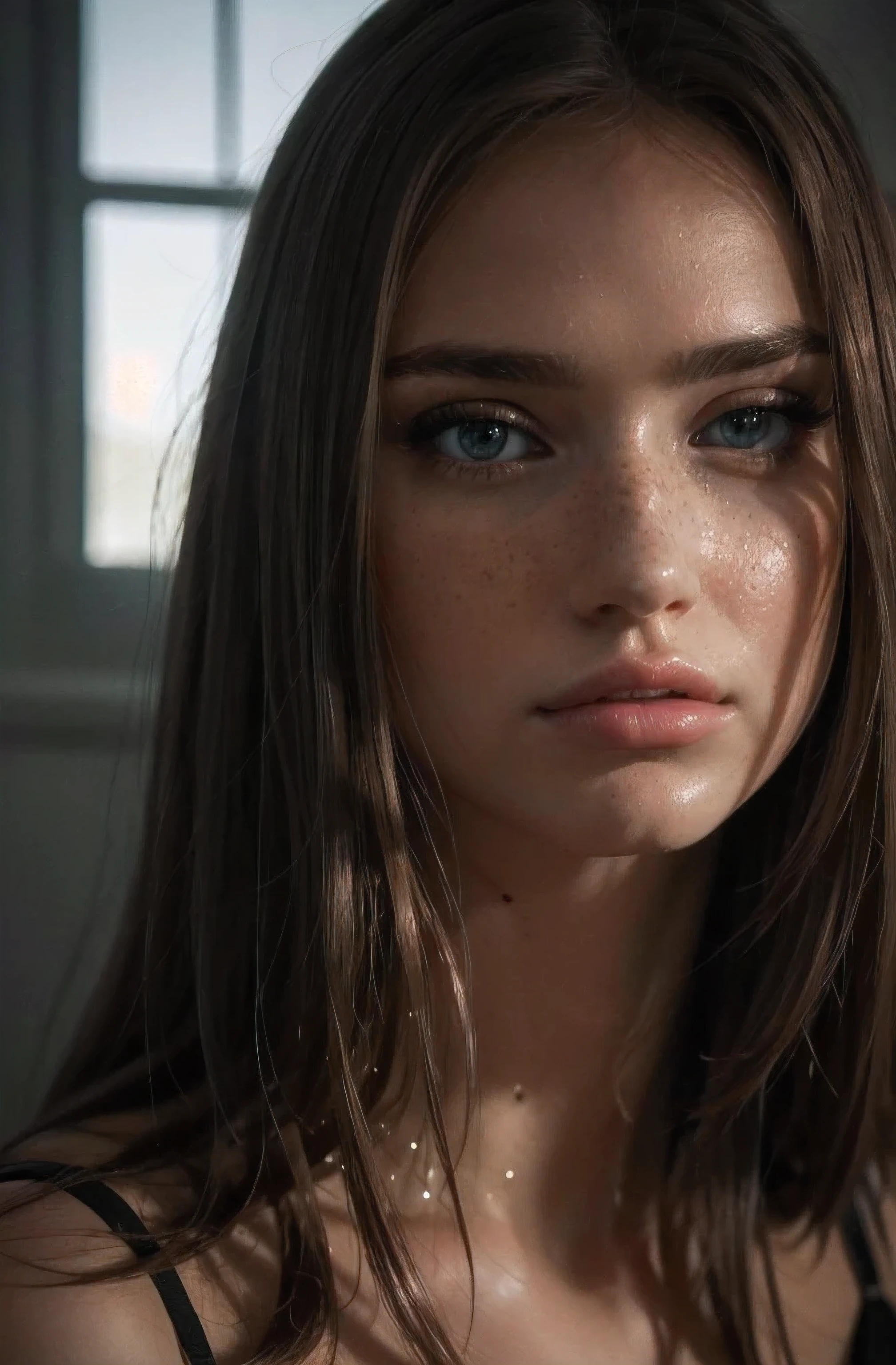 a close-up photo of a girl, chiaroscuro portraits, soft and dreamy, beautiful, grim realism, supernatural realism, mc-sara, green eyes, brown hair, freckles, intricate details, hyper realistic, dramatic lighting, cinematic composition, dramatic colors, moody atmosphere, photorealistic, masterpiece, (best quality,4k,8k,highres,masterpiece:1.2),ultra-detailed,(realistic,photorealistic,photo-realistic:1.37)