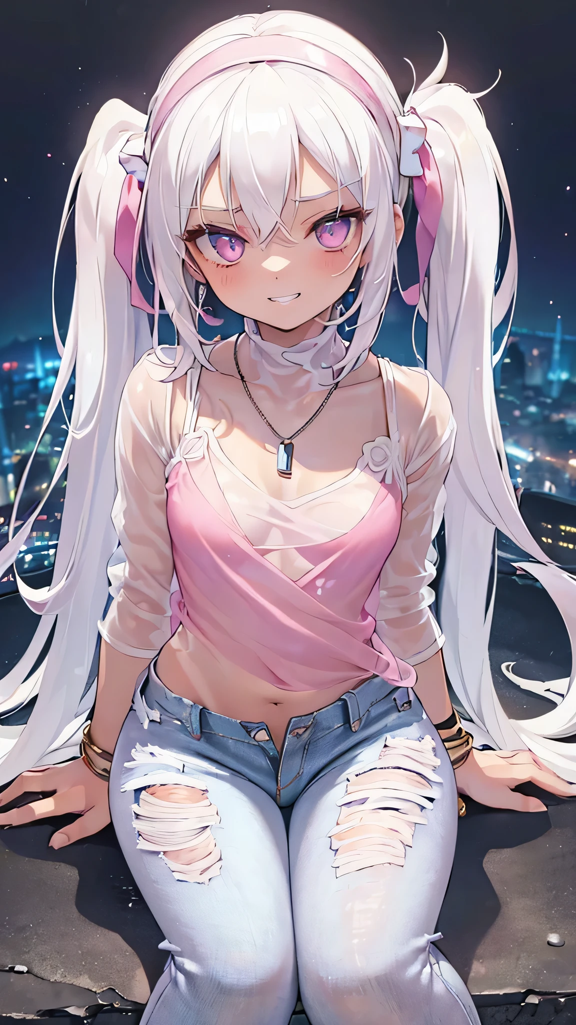 1girl, Angle from below:1.8, The girl bends forward to show off her breasts、legs apart, (Blade), (Tanned shiny white skin:1.6)、Glowing Eyes, ((Sexy evil grin)), (10 years old girl), rainbow color hair、Twin tails、forehead、breasts, pink rips, cape, ((((arabian white clothes, see-through)), (headband), ((ripped low rise jeans)), Jeans are open、small breasts, (jewelry))), ((City)), ((focus crotch)), (crotch), ((sneaker)), ((girl on top)), Angle to look up at the crotch、