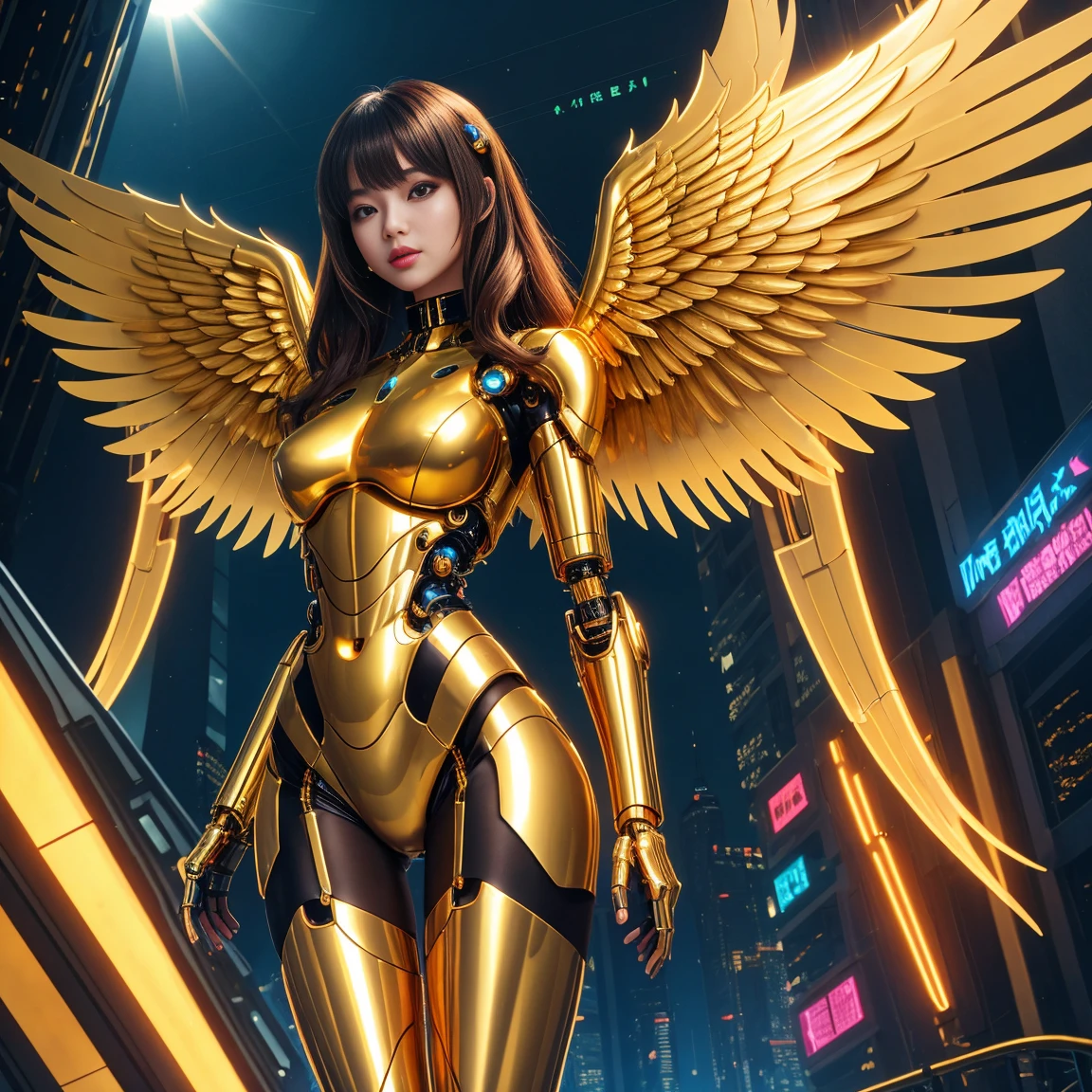 a beautiful cyber angel, medium hair, Body cute, golden shiny wings , wearing a futuristic cybernetic dress in a futuristic city