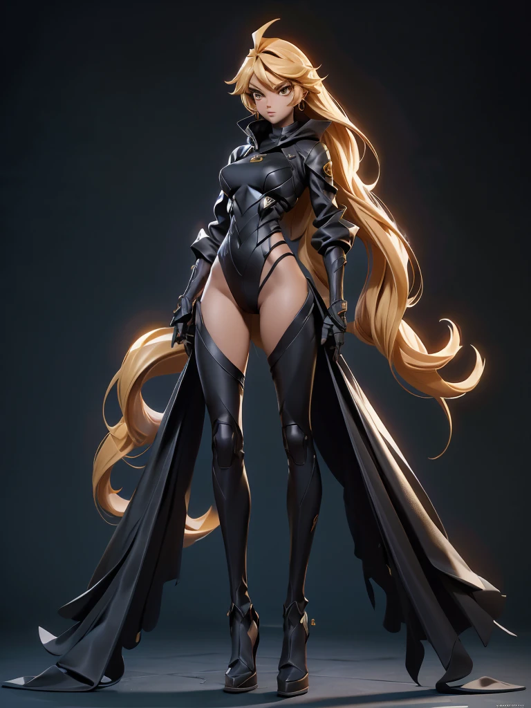 Design a layout showcase Gaming character, (1girl). Golden+black sleek clothes, stylish and unique, ((full_body_shot:1.4)))