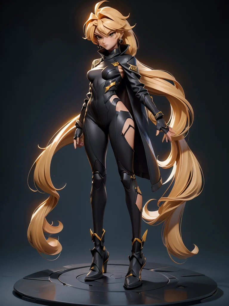 Design a layout showcase Gaming character, (1girl). Golden+black sleek clothes, stylish and unique, ((full_body_shot:1.4)))
