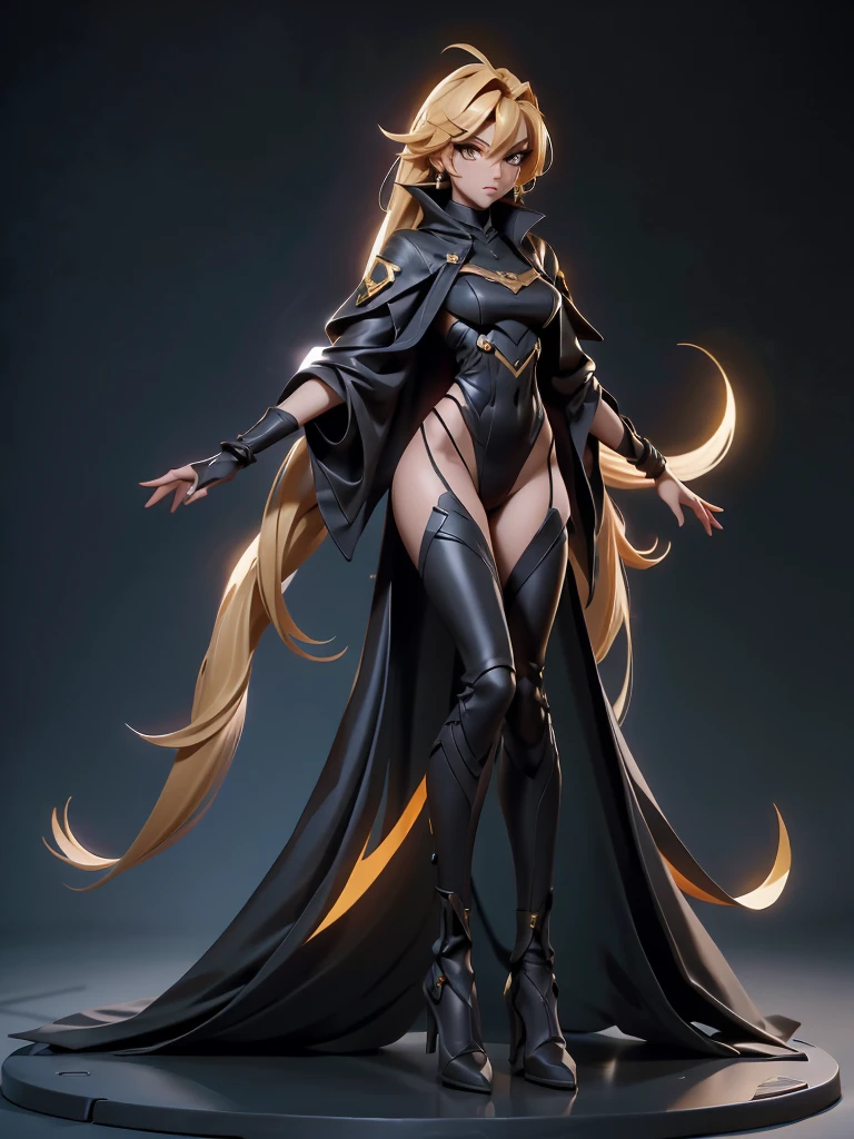 Design a layout showcase Gaming character, (1girl). Golden+black sleek clothes, stylish and unique, ((full_body_shot:1.4)))
