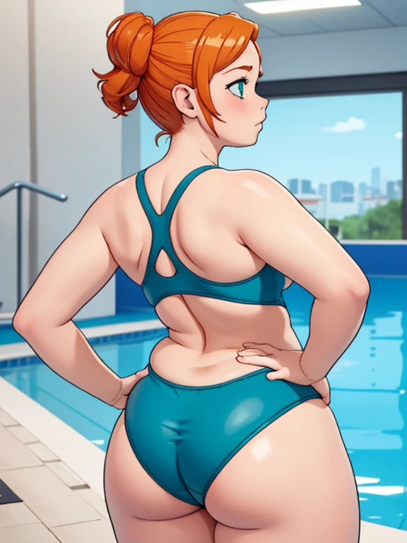 (masterpiece, best quality), 1girl, orange hair, green eyes, pale skin, wearing a dark blue one-piece swimsuit, Chubby, Chubby Face, Plump, Fat, Fat Rolls, Fat Ass, (back shot:1.3), shot taken from behind, looking from behind, concerned look on face, worried expression, blushing indoors, indoor swimming pool
