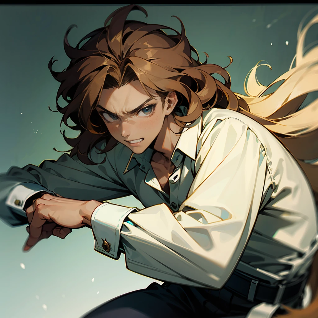 1male , Smug Expression , Wavy Hair ,Brown Hair , Blonde Highlighted Hair , Fitted white Long-sleeve shirt , Combat clothing , Dark Skin , Young Male