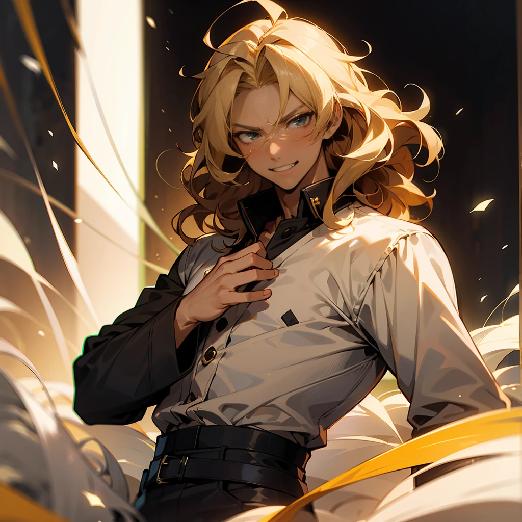 1male , Smug Expression , Wavy Hair ,Brown Hair , Blonde Highlighted Hair , Fitted white Long-sleeve shirt , Combat clothing , Dark Skin , Young Male